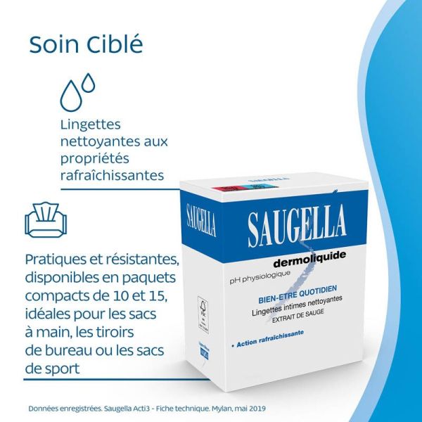 Saugella Dermoliquide Lingettes Intimes 10 Lingettes - Hygiène féminine, fraîcheur toute la journée