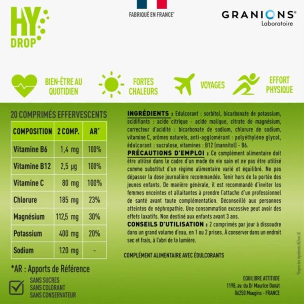Granions Hydrop Électrolytes Mangue Passion 20 Comprimés Effervescents – Hydratation et énergie