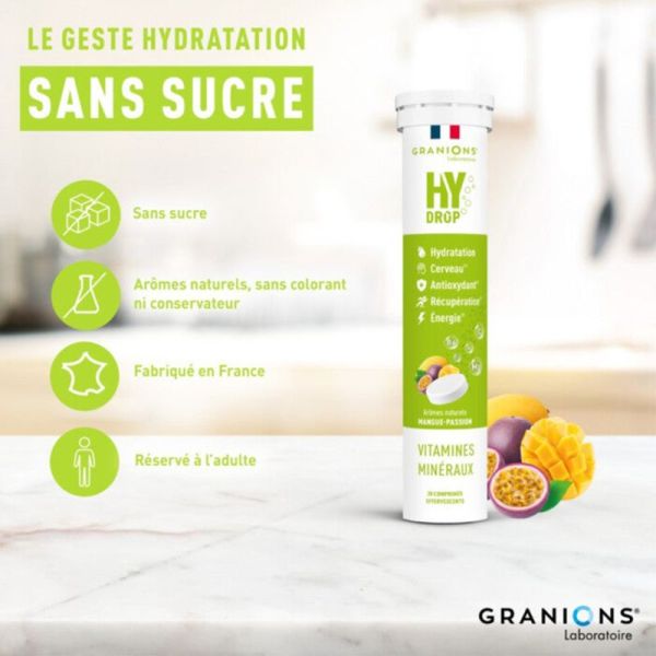 Granions Hydrop Électrolytes Mangue Passion 20 Comprimés Effervescents – Hydratation et énergie