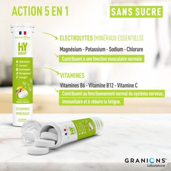 Granions Hydrop Électrolytes Mangue Passion 20 Comprimés Effervescents – Hydratation et énergie
