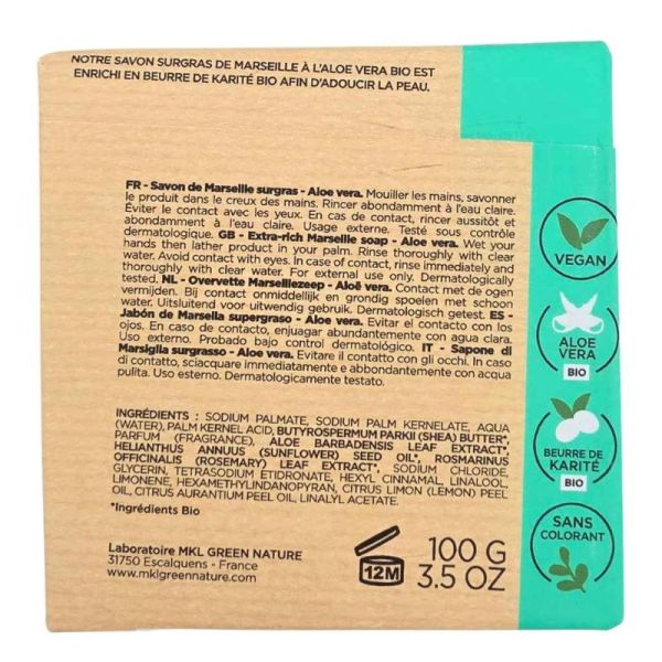 MKL Green Nature Savon Surgras de Marseille Aloe Vera 100 g - Adoucissement et nettoyage quotidien du corps et des mains