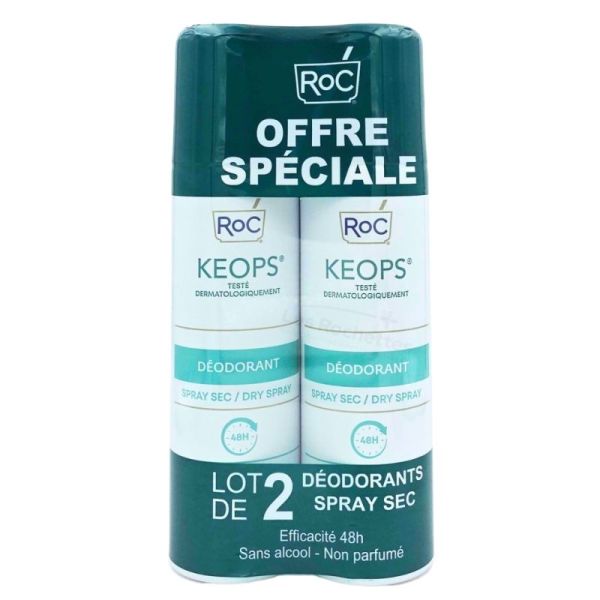 RoC Keops Déodorant Spray Sec - 48H d'Efficacité - Sans Alcool ni Parfum - 2X150 ml