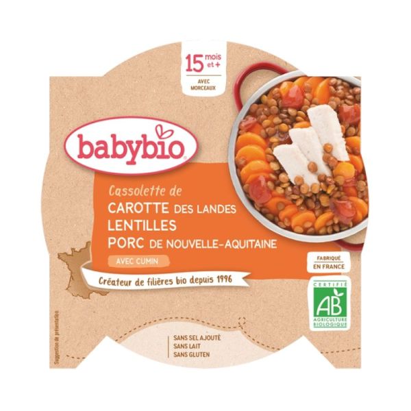 Babybio Assiette Carottes Lentilles Porc Cumin 15 mois - 260g