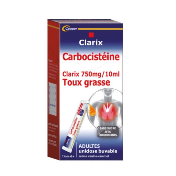 Cooper Clarix Expectorant Carbocistéine 750mg/10ml Adultes Toux Grasses - 15 Unidoses