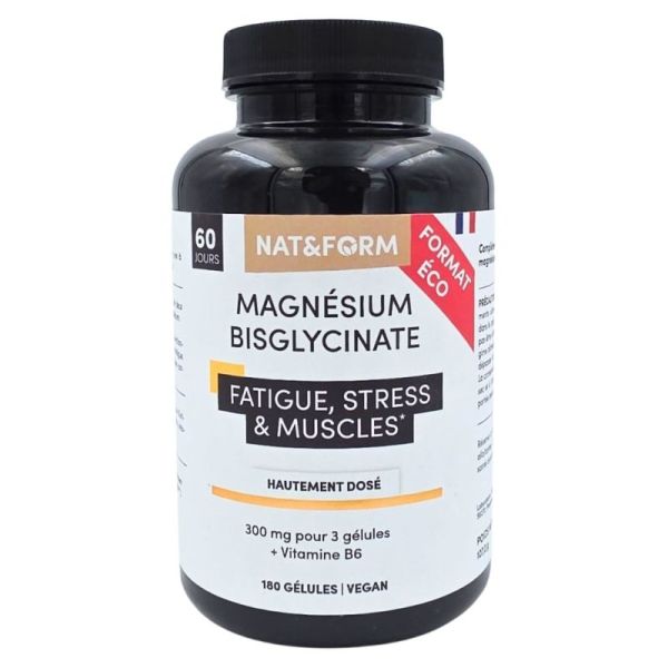 Nat&Form Bisglycinate de magnésium Format éco 180 gélules végan - Réduction de la fatigue et soutien du système nerveux
