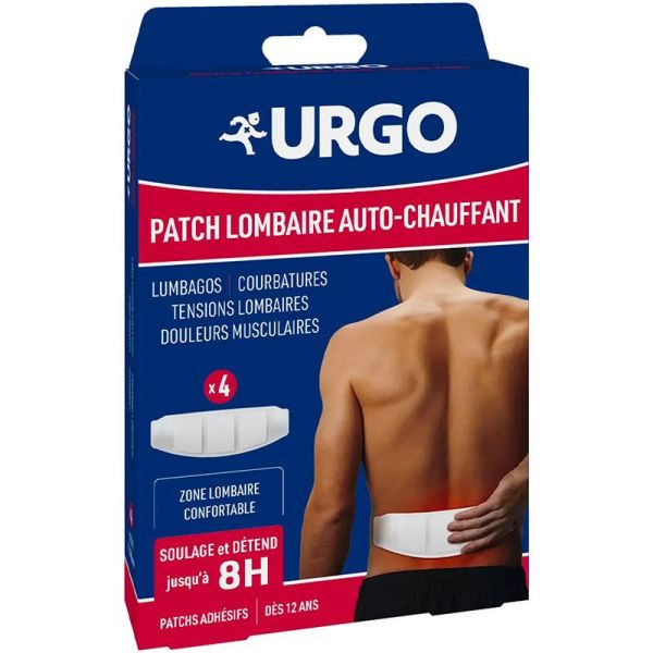 Urgo Patch Auto-Chauffant Lombaires 8h - Calme les Douleurs et Tensions Lombaires - x4 patchs