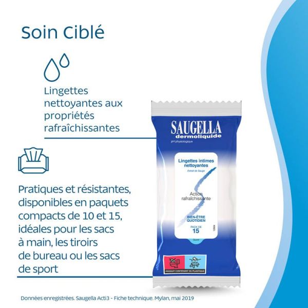 Saugella Dermoliquide Pack de 15 Lingettes Intimes Individuelles
