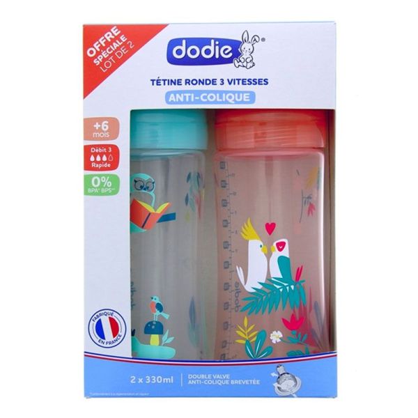 Dodie Coffret de 2 Biberons Initiation+ - Tétine Ronde - Anti-Colique - 330ml - Rose & Vert