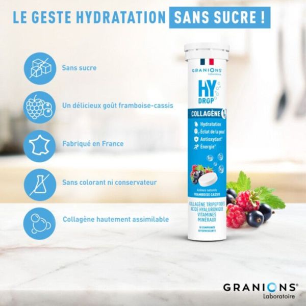 Granions Hydrop Collagène Framboise Cassis 18 Comprimés Effervescents – Hydratation et fermeté
