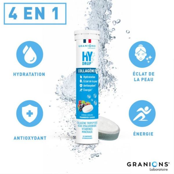Granions Hydrop Collagène Framboise Cassis 18 Comprimés Effervescents – Hydratation et fermeté
