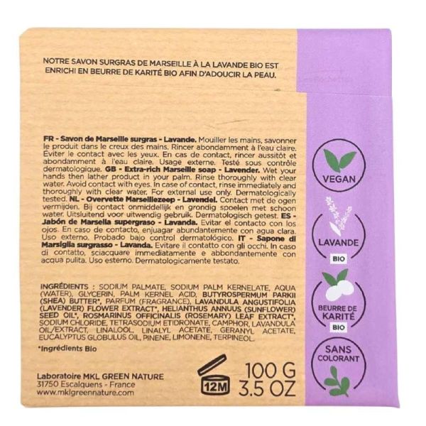 MKL Green Nature Savon Surgras de Marseille Lavande 100g - Nettoie et adoucit la peau en douceur