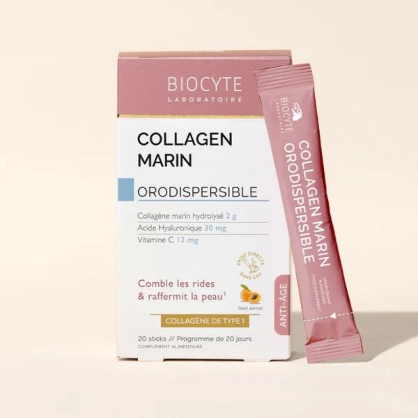 Biocyte Collagen Marin - 20 Sticks Orodispersibles - Comble les rides et raffermit la peau