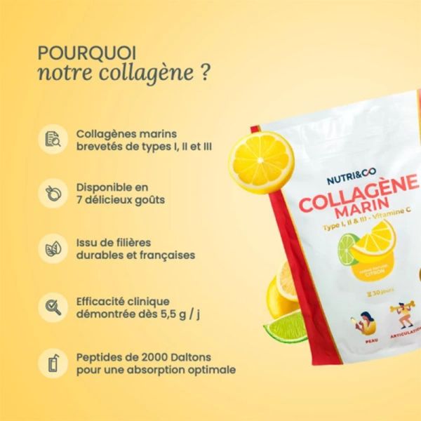 Nutri&Co Collagène Marin Type I, II & III + Vitamine C Goût Citron - 180g