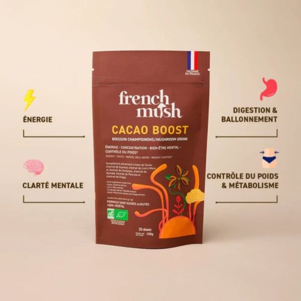 French Mush Cacao Boost 60 doses - Boisson bio aux champignons pour énergie stable et digestion