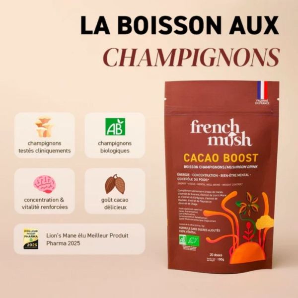 French Mush Cacao Boost 60 doses - Boisson bio aux champignons pour énergie stable et digestion