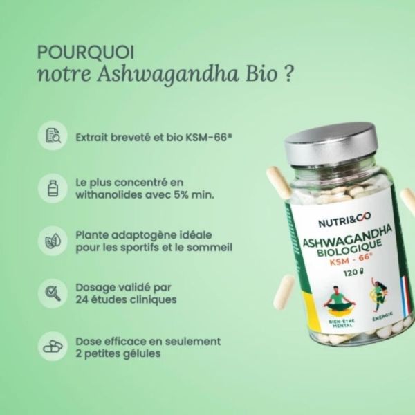 Nutri&Co Ashwagandha Bio - 120 Gélules - Bien-être mental et Energie