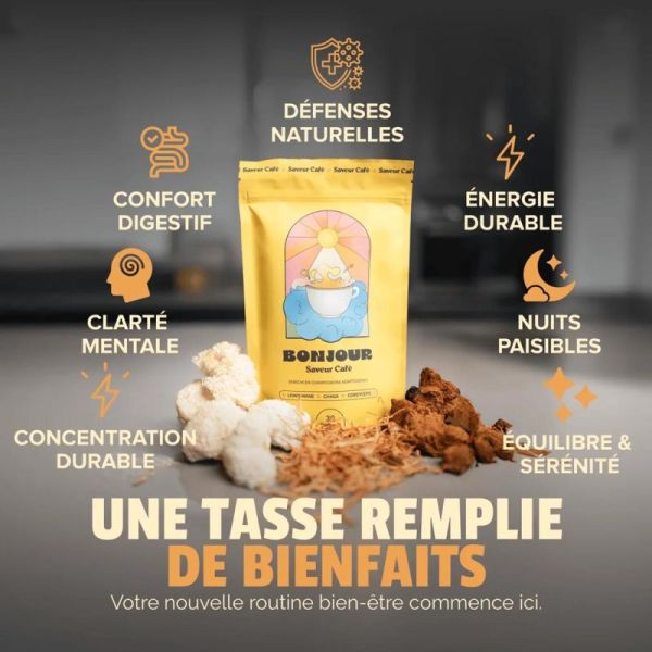 Bonjour Saveur Café 90g/15 Portions - Boisson bien-être en poudre, complément alimentaire