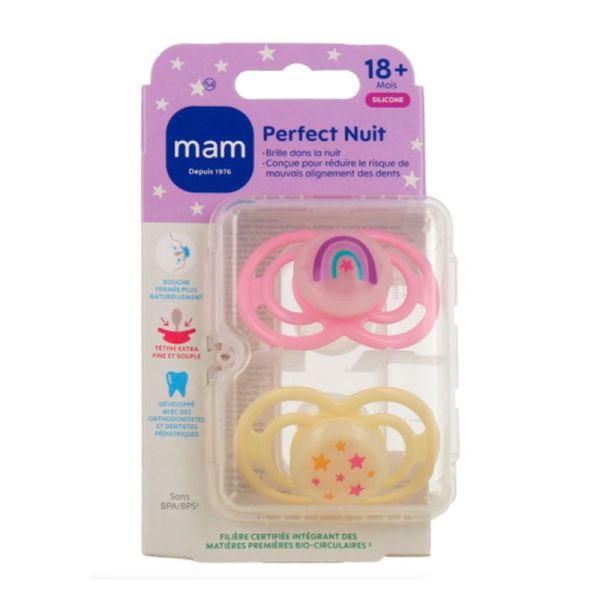 Mam Perfect Nuit Tendance Sucettes Silicone - Phosphorescentes - 18 mois et + - 2 Sucettes