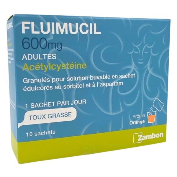 Fluimucil 600 mg Adultes Acétylcystéine Granulés pour solution buvable pour la toux grasse 10 sachets
