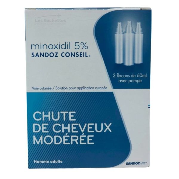 Sandoz Conseil Minoxidil 5 % - 3 x 60 ml - Solution pour application cutanée
