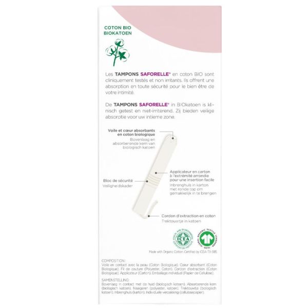 Saforelle Tampons avec Applicateur en Coton Bio - Absorption normale, 16 unités - Limite les risques d'irritations et d'allergies