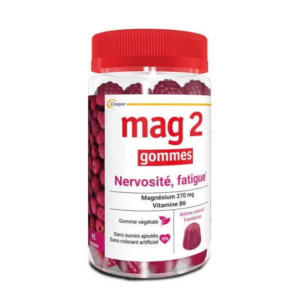 Mag 2 Gommes Nervosité Fatigue - Lot de 2 x 45 Gummie - Goût Framboise - Réduit fatigue et stress
