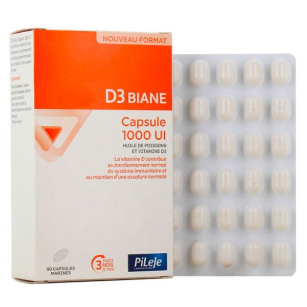 Pileje D3 Biane Vitamine D3 1000U - Complète les Apports en Vitamine D - 90 Capsules Marines