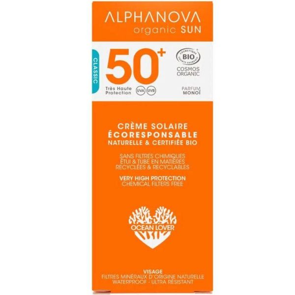 Alphanova Crème Solaire Certifiée Bio Très Haute Protection SPF 50+ 50g - Biologique, Parfum Monoï, Filtre Minéral