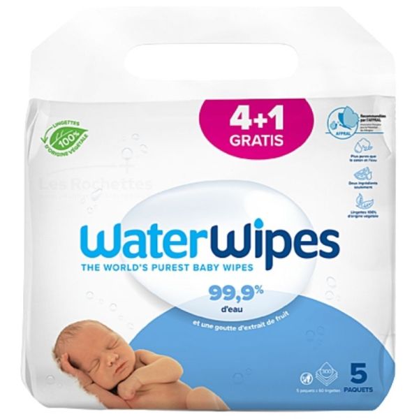 WaterWipes Lingettes Pures Lot de 4 + 1 gratuit - 3 en 1 Nettoie, prend soin et protége