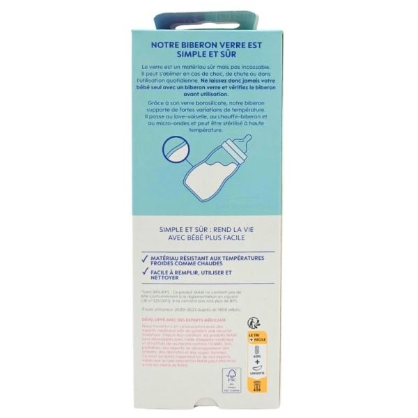 MAM Biberon Verre 260ml - Hygiénique, résistant aux variations de température et tétine ultra-douce