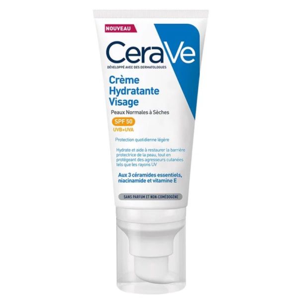CeraVe Crème Hydratante Visage SPF50 Hydratation & Protection Solaire Quotidienne - 52ml