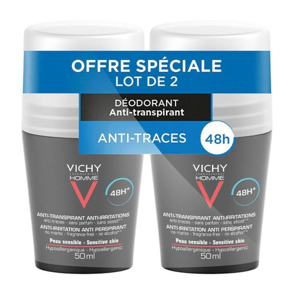 Vichy Homme Déodorant Anti-Transpirant 48H - Lot de 2 x 50 ml - Anti-Irritations Peaux Sensibles