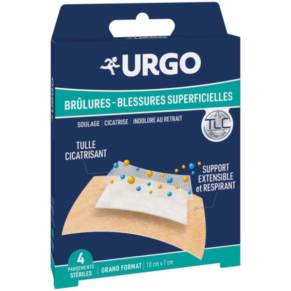 Urgo Pansements Brûlures & Blessures Superficielles Grand Format 10 × 7 cm - 4 Pansements Stériles