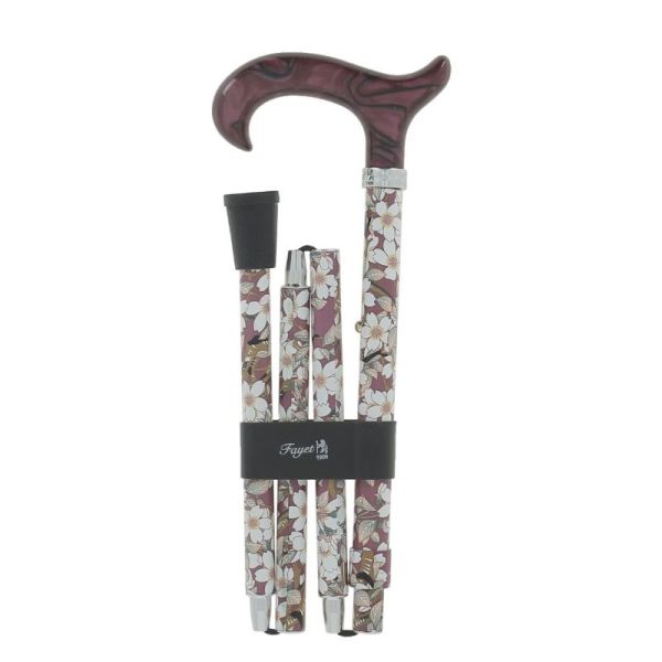 Cannes Fayet Canne de Marche Pliante & Réglable En Aluminium Vieux Rose Motif Fleurs Beige