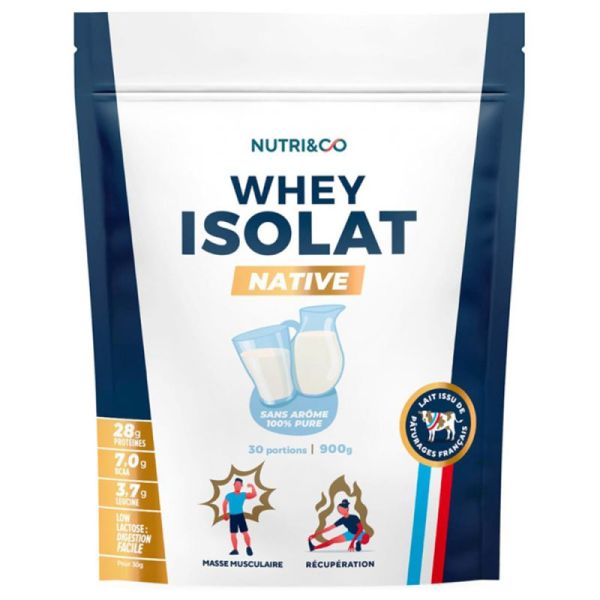 Nutri&Co Whey Isolat Native - 900 g - Goût : Sans Arôme - Ultra pure, hautement concentrée et assimilable