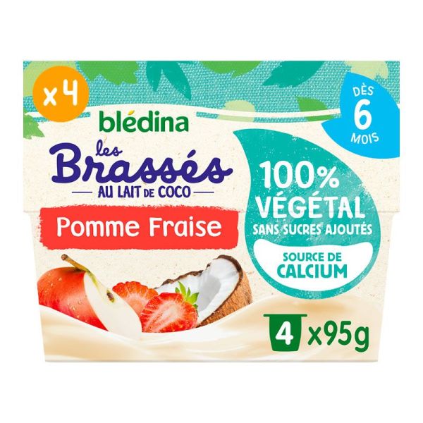 Bledina Brassés 100% Végétal - Au Lait de Coco, Pomme et Fraise - Lot x4 de 95g