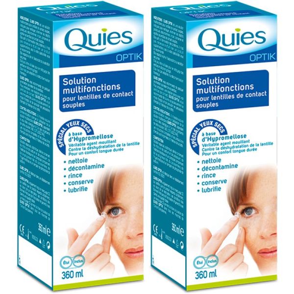 Quies Optik Solution Multifonctions - Lot de 2 x 360 ml - Nettoie, désinfecte et hydrate les lentilles souples