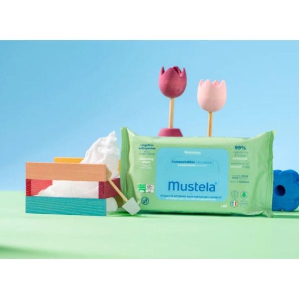 Mustella Lingettes Nettoyantes - Parfumées Compostables - 60 Lingettes