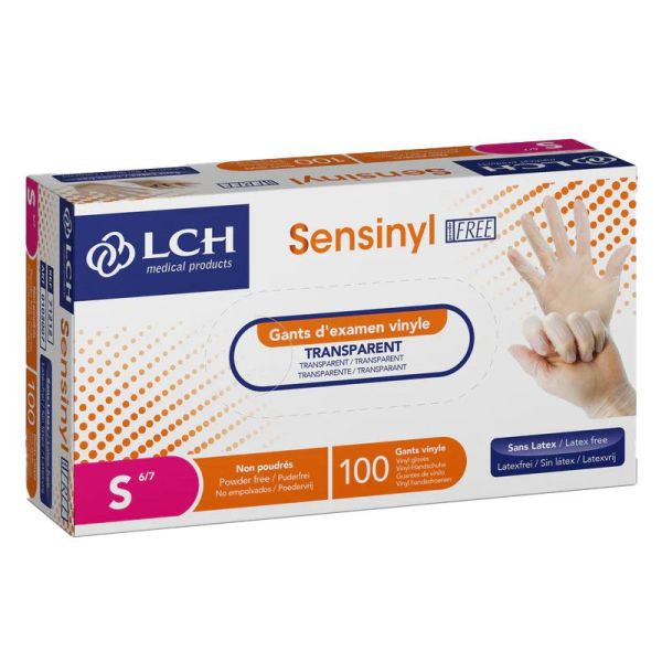 LCH Gants Sensinyl Vinyle - Sans Latex - Non Poudrés - Taille S : 6-7 - Boîte de 100 gants