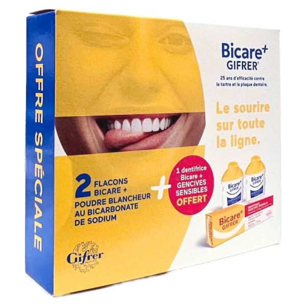 Gifrer Bicare+ Poudre Blancheur 2 Flacons + 1 dentifrice Bicare+ Gencives Sensibles 75ml OFFERT