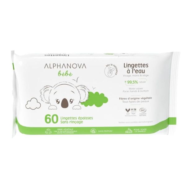 Alphanova Bébé Lingettes à l’Eau Sans Parfum Visage, Mains & Siège - 60 Lingettes