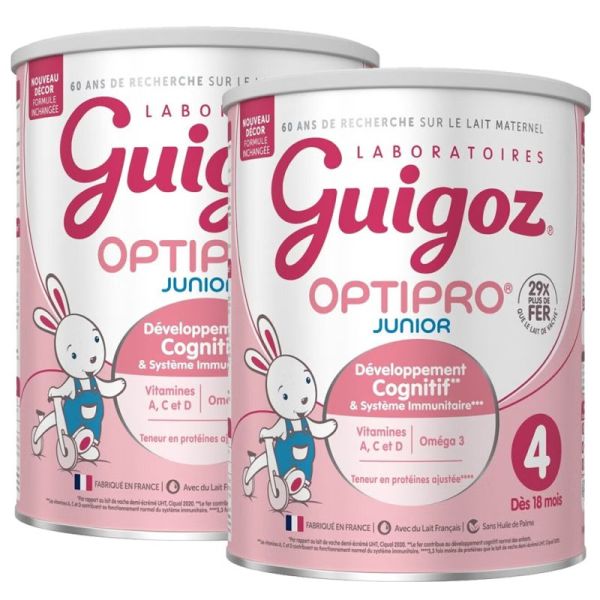 Guigoz Optipro Junior Lait 4ème Âge Dès 18 Mois BiPack 2x900g – Croissance et vitalité