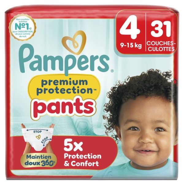Pampers Premium Protection Pants Taille 4 de 9 à 15kg - 31 couches – Confort et anti-marques rouges
