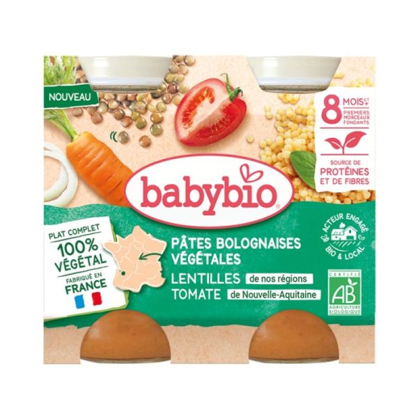 Babybio Petit Pot Pâtes Bolognaises Végétales aux Lentilles 8 mois - 2 x 200g