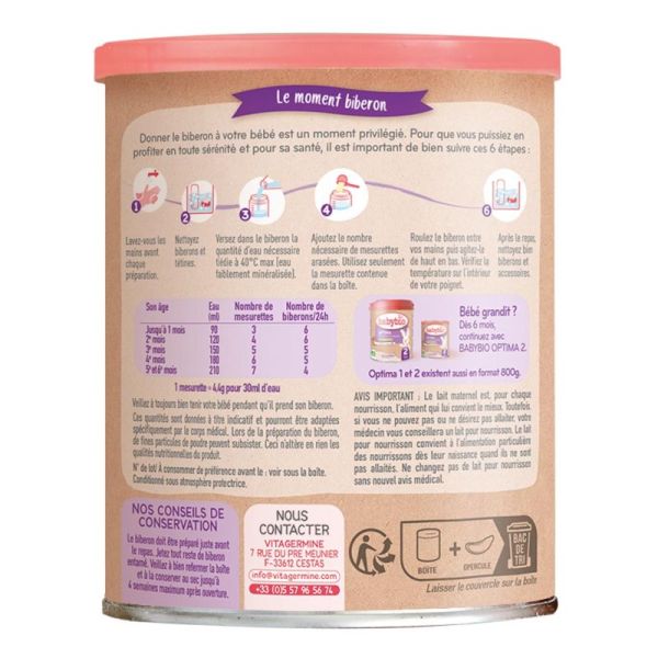 Babybio Optima 1er âge 400 g (0 à 6 mois) Lait pour nourrissons, sans huile de palme et fabriqué en France