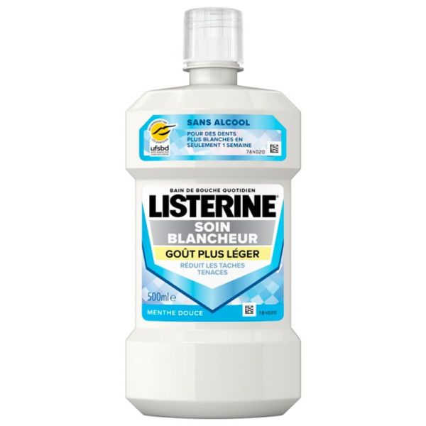 Listerine Bain de Bouche Soin Blancheur - 500 ml - Goût Plus Léger - Protection quotidienne et blancheur