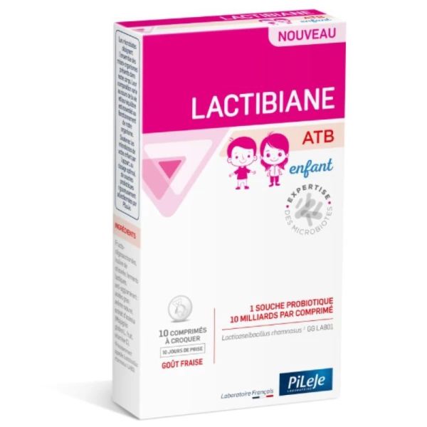 Pileje Lactibiane ATB Enfant Souche Probiotique - 10 Comprimés à Croquer Goût Fraise