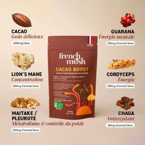 French Mush Cacao Boost 60 doses - Boisson bio aux champignons pour énergie stable et digestion