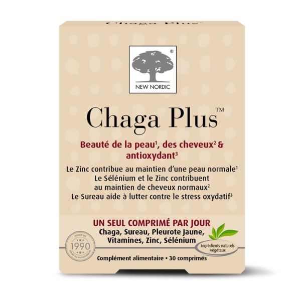 New Nordic Chaga Plus 30 Comprimés - Bouclier antioxydant pour la beauté de la peau et des cheveux