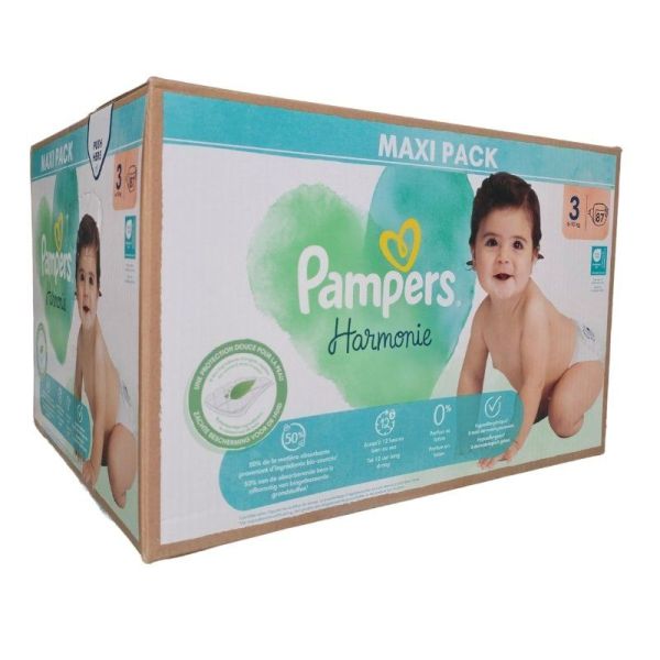 Pampers Harmonie Taille 3 / 6-10kg - 87 Couches Mega Pack - Zéro parfum et lotion, hypoallergénique